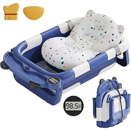 Collapsible Baby Bathtub for Newborn with Real-time Temp Monitor + Soft Floating Cushion Durable Foldable Baby Tubs for Infants to Toddler, Portable Travel Bathtub with Drain Hole Navy Blue