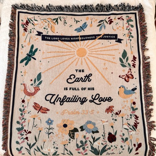 The Earth is Full of His Love, floral bible verse art decor, woven blanket, christian banner, 50x60"
