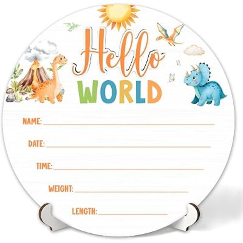 3D Dinosaur Hello World Newborn Sign for Hospital, Dinosaur Baby Announcement Sign for New Baby Boy Girl, Welcome Babies Birth Wooden Signs for Nursery, Neutral Newborn Photography Props-A06