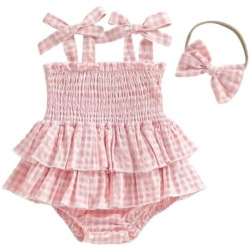 Giraropa Newborn Baby Girl Plaid Romper Outfit Sleeveless Smocked Romper Infant Baby Cute Gingham Clothes