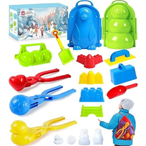 Snow Toys, Winter Snow Toys Ball Maker Tool Kit for Kids Toddlers, Snowman Kit with Storage Bag Duck Heart Soccer Shape Molds Penguin Castle Snow Clips Snowman Snow Brick Fort Snow Shovel