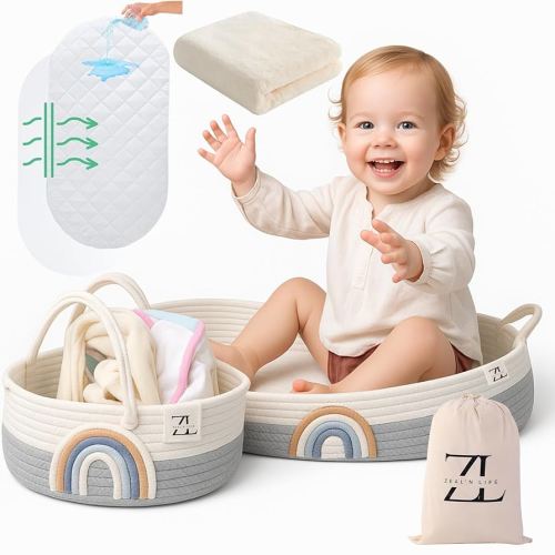 ZEAL'N LIFE Baby Changing Basket for Baby Dresser, Moses Basket for Babies, Cotton Rope Diaper Changing Basket, Unisex Baby Moses Basket, Foam Diaper Changing Pad, (Grey) (Grey)