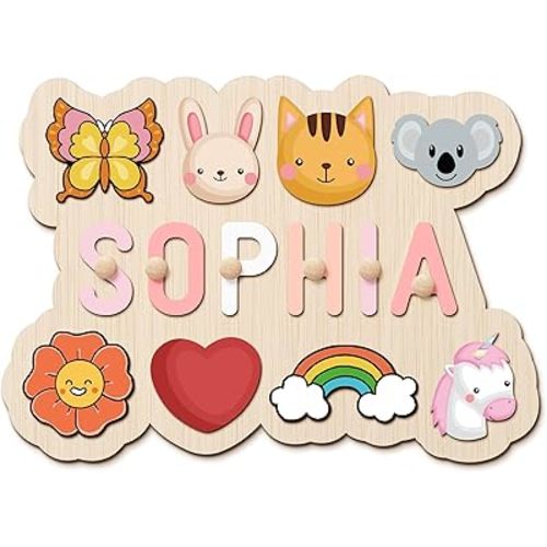 Personalized Name Puzzles - Easter Basket Stuffers for Toddlers 1-3 - Montessori Learning Toys for Baby Boys & Girls - Customized Baby Nursery Gifts for Easter & 1st Birthday (Wave)