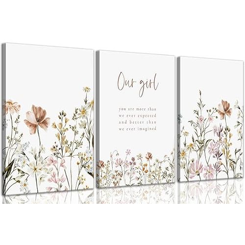 ZLXARTLA 3 Pcs Wildflower Canvas Wall Art Girl Nursery Wall Decor Flower Print picture Floral Botanical Painting artwork for Baby Girl Nursery Decor Inspirational Wall Art Office Decoration,12x16in