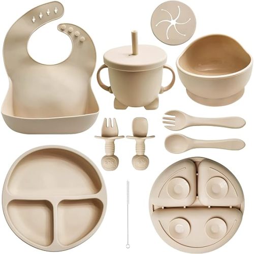Baby Led Weaning Supplies | 10 Piece Silicone Feeding Set | Baby Toddler Bib Cup Divided Plate and Bowl Self Feeding Spoons Dish Set | Baby Utensils | Toddler Feeding Supplies (Beige)
