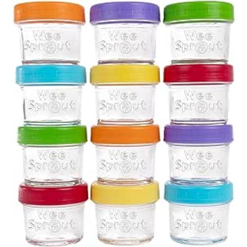 WeeSprout Glass Baby Food Storage Jars w/Lids (4 oz, 12 Pack Set) Snack, Puree, Reusable Small Containers, Breast Milk, Fridge or Freezer, Microwave & Dishwasher Safe, Essential Must Have for Infants