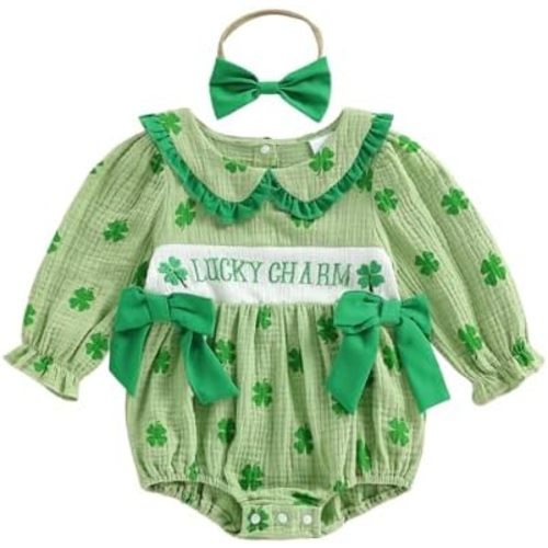 Amiblvowa Baby Girl St Patricks Day Outfit Lucky Charm Shamrock Romper Irish Clover St. Saint Patricks Ruffle Bow Bodysuit