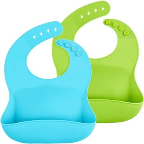 WeeSprout Waterproof Silicone Baby Bibs (Set of 2) | Pocket to Catch Food