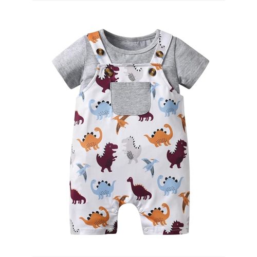Infant Baby Boy Summer Clothes Short Sleeve Solid Color T-Shirt Cartoon Dinosaur Print Suspender Shorts Outfit Set