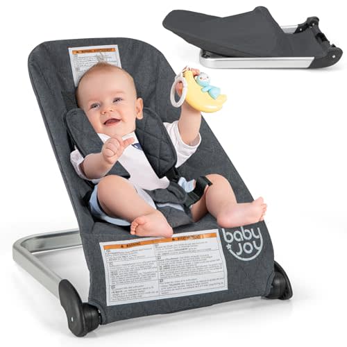 BABY JOY Baby Bouncer, Foldable Bouncer & Stationary Seat with 5-Point Safety Harness, Removable Fabric Cover, Portable Infant Bouncer Seat for Newborns Baby 0-6 Months (Dark Gray)