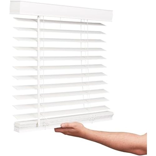 LOTUS & WINDOWARE Cordless Faux Wood Blinds, 34" Wide x 60" Long, Smooth, Snow White, 2 Inch Horizontal Blinds – for Living Room, Bedroom, Interior Door Windows