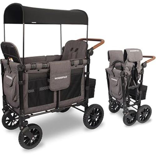 WONDERFOLD W2 Luxe Stroller Wagon (2 Seater) - Collapsible Wagon Stroller with Seats with Magnetic Buckle 5-Point Harnesses and Adjustable Sun Canopy, Charcoal Gray