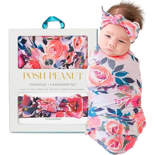 Posh Peanut Swaddle Blanket & Headband Set – Viscose from Bamboo Stretchy Baby Swaddle for Newborn Girls, Receiving Blanket or Nursing Cover