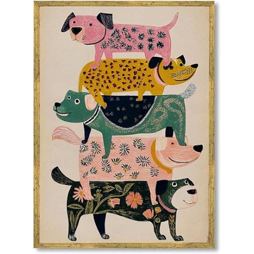 Gold Frame Wall Art Funny Colorful Stacked Dogs Poster Playful Cute Animal Dog Illustration Canvas Print Whimsical Pet Decor Artwork Aesthetic Pictures for Kids Room Bathroom Nursery 12x16inch