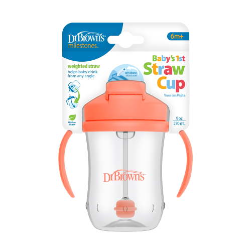 Dr. Brown's Milestones Baby’s First Straw Cup, Training Cup with Weighted Straw, Coral, 6m+