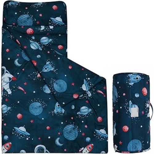 david's kids Toddler Nap Mat Set with Removable Pillow, Ultra Soft Slumber Bags for Boys，Perfect for Preschool, Daycare, Kids Sleeping Bags with Rollup Design, 50"x20", Space