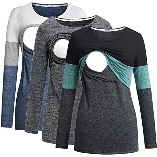 Bearsland Women's 3 Packs Maternity Clothes Long Sleeves Breastfeeding Shirts Nursing Top