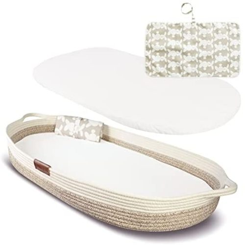 Yunioo Deluxe Baby Changing Basket with Extra Travel Diaper pad, Foam Changing pad and Water Repellent Cover, Cotton Rope Moses Basket, Changing Table Topper for Dresser, Boho Nursery Decor