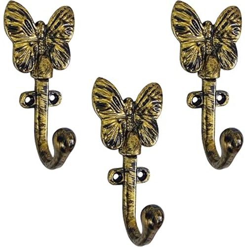 Set of 3 Cast Iron Butterfly Shape Coat Hooks Wall Art Decor-Butterfly Shape Hangers and Key Holder-Clothes Rack and Backpack Hanger-Coat Hooks Home Decor for Storage,Living (Brass Antique)
