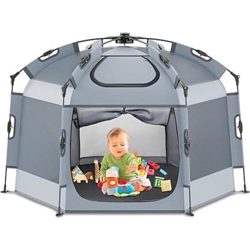 Babepai Pop up Playpen with Canopy - Portable Baby Beach Tent - Outdoor Baby Playpen - Indoor & Outdoor Play Yard for Babies, Foldable, Portable, Lightweight & Travel Bag - Gray, Large, Grey