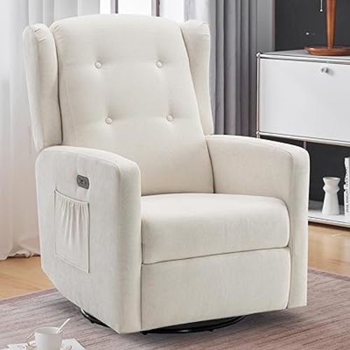 Power Swivel Rocking Recliner Chair, Electric Rocker Nursery Glider Chair, USB and Type-C Ports, Upholstered Fabric Reclining Single Sofa Chair for Living Room (Beige)