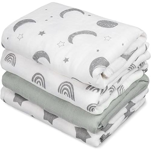 GLLQUEN BABY Muslin Swaddle Blankets 4-Pack Breathable Receiving Blankets (35" x 40") Soft Baby Blankets for Girls and Boys Newborn Essentials Muslin Burp Cloths Swaddle Wrap Baby Gift (Star)