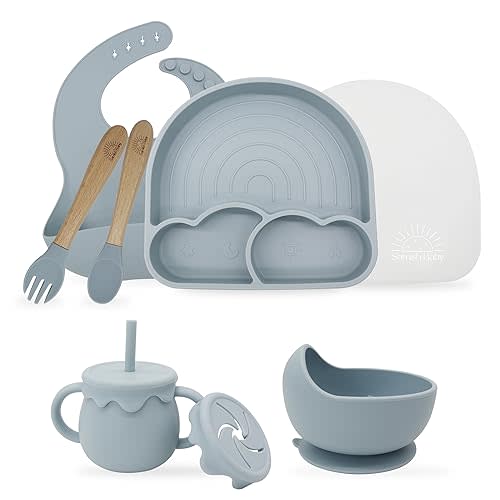 Samish Baby Led Weaning Supplies - 8 Piece Silicone Toddler Self Feeding Dish Set with Suction Bowl Divided Plate and Spoons - 6 Months+