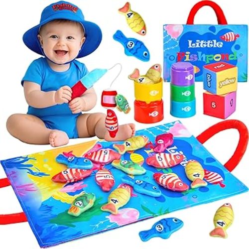 Montessori Toys for 1 Year Old, Cloth Fishing Game with Stacking Cups 24 Pcs for Toddlers 1 2 3, Sensory Toys for Kids Baby Shower Birthday Easter Gifts for 6-12 Months Girls Boys