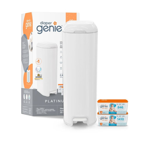 Diaper Genie Platinum Pail Gift Set, Lily White, Made of Durable Stainless Steel and Includes 2 Easy Roll Refills with 18 Bags and 30 Bags