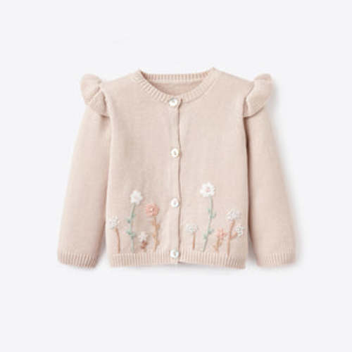 Taupe Flutter Sleeve Hand-Embroidered Baby Cardigan