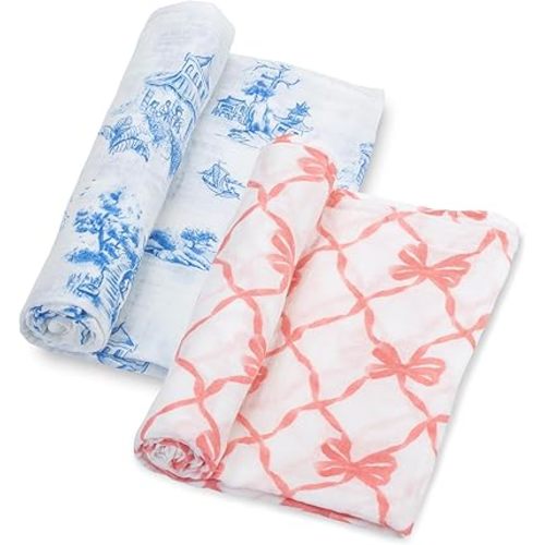 LollyBanks Muslin Swaddle Blankets 2PACK, 100% Cotton Baby Blanket 47 x 47 Inches, Large Baby Swaddle Breathable, Muslin Blankets for Girls (Pink Bow and Chinoiserie Print)
