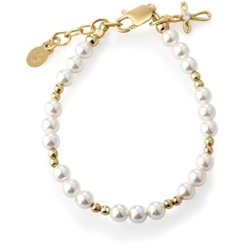 Cherished Moments Children's 14K Gold-plated Bracelet and/or Necklace with High-End Simulated Pearls and Cross Charm for Baptism, Christening or First Communion Gift for Girls