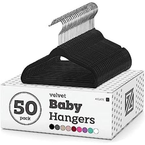Zober Velvet Baby Hangers for Closet - Pack of 50 Non Slip Toddler Hangers for Shirts, Pants & Dresses w/Swivel Hook - Durable Infant Hangers w/Notches - Small Kids Hangers - Black