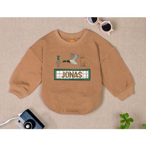 Personalized Mallard Duck Hunting Bubble Romper Sweater, Boy Ducking Hunter Baby Romper, Newborn Bodysuit, Duck Lover Gift Baby