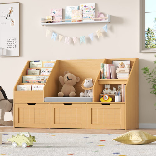 Winston Porter 55.1" W x 31.5"H 3-IN-ONE Kids Bookcase with 3 Drawers, Soft Cushion, 4-Layer Bookshelf, Reading Nook & Reviews | Wayfair