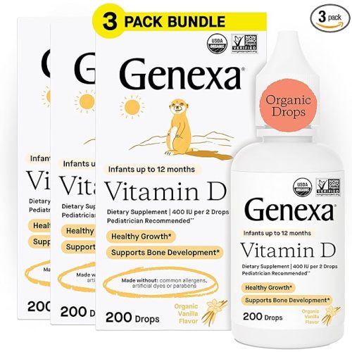 Genexa Infants Vitamin D Liquid Drops for Newborn, Baby & Toddler | Bone Development | Delicious Organic Vanilla Flavor | Certified Organic, Gluten Free, & Non-GMO | 270 Servings (3 Pack)