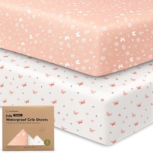 2-Pack Waterproof Baby Crib Sheets for Boys, Girls - 52x28 Viscose Derived from Bamboo Toddler Bed Sheet Neutral, Fitted Crib Mattress Protector Cover for Baby Bedding, Soft & Gentle (Butterflies)