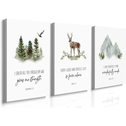 GUBIYU Christian Nursery Decor, Baby Bible Verse Wall Art, Woodland & Safari Animal Nature Print, 3-Pack 16"x24" Canvas Wall Art