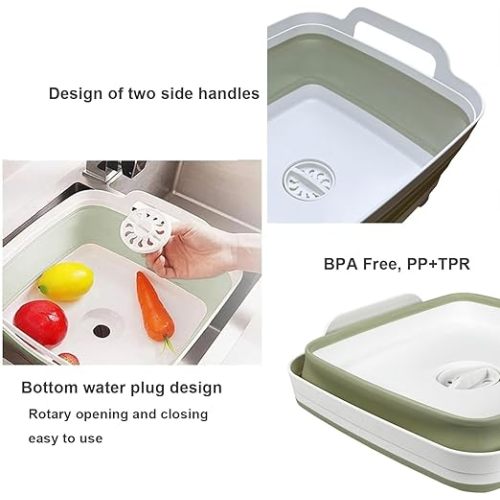 9L (2.4Gal) Dish Basin Collapsible with Drain Plug, Space Saveing Kitchen Storage Tray Dish Wash Basin, Portable Dish Tub, Foldable Dishpan for Camping,RV,Green