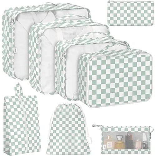 KPX 8 Set Packing Cubes for Travel, Luggage Packing Organizers Accessories Large Toiletries Bag for Clothes Shoes Cosmetics (8Set-Green Checkered)