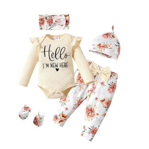 Sinhoon Newborn Baby Girl Clothes Hello I'm New Here Letter Romper+Floral Pants+Hat+Headband+Coming Home Outfits