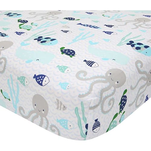 Lambs & Ivy Oceania 100% Cotton Fitted Crib Sheet - White with Blue Nautical/Aquatic Fish and Octopus