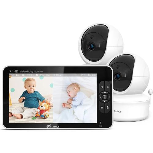 7" Large Split Baby Monitor with 2 HD Cameras and Audio, 1080P HD Video Baby Monitor No WiFi,Hack Proof, Remote Control,VOX Mode, Auto Night Vision, Built in Lullabies n White Noise