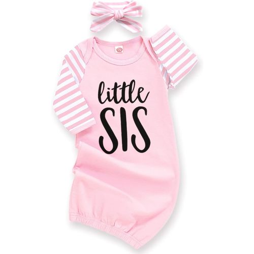 AMAWMW Newborn Baby Girl Little Sister Sleeper Gown Stripe Long Sleeve Nightgown Pajamas Gifts Stuff Essential Outfit