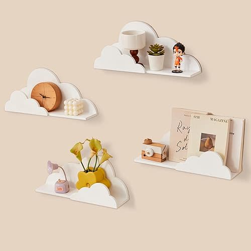 Cloud Floating Book Shelves, 4-Pack Wood Nursery Book Shelves for Wall, Modern Decor Wall Shelves, Kids Bookshelf for Toys, Plants & Storage, Toddler Room, Nursery Decor Storage(White)