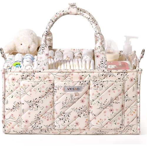Cute Floral Baby Diaper Caddy Organizer with Handles Shoulder Strap, Diaper Bag Storage Basket for Newborn Essentials Must Haves Baby Shower Gifts