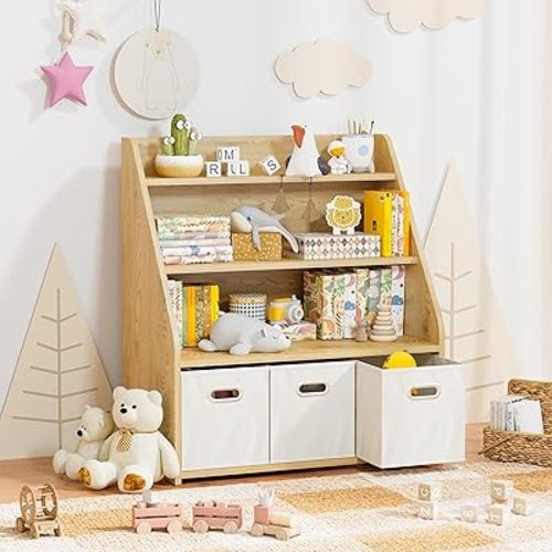 Kids Bookshelf and Toy Organizer, Wooden Kids Bookcase, Toddler Montessori Bookshelf with 3 Movable Drawers, Toy Storage Organizer for Kids Room, Living Room, Nursery