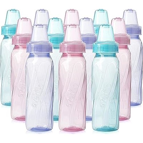 Evenflo Feeding Classic Tinted Plastic Standard Neck Bottles for Baby, Infant and Newborn, Pink/Lavender/Teal, 8 Ounce (Pack of 12)