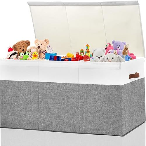 Extra Large Toy Storage Box with Lid, Sturdy Toys Storage Chest Bin Organizer Basket with Dividers for Kids, Boys, Girls, Nursery, Closet, Bedroom, Playroom 35.5"x17" x17"(Grey and White)