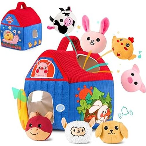 Baby Toys 6-12 Months, Barn with Stuffed Farm Animals, Montessori Toy for Babies, Sensory Toys for Toddlers 1-3, Portable Baby Farmhouse Toy, Birthday Gift for Infants & Toddlers